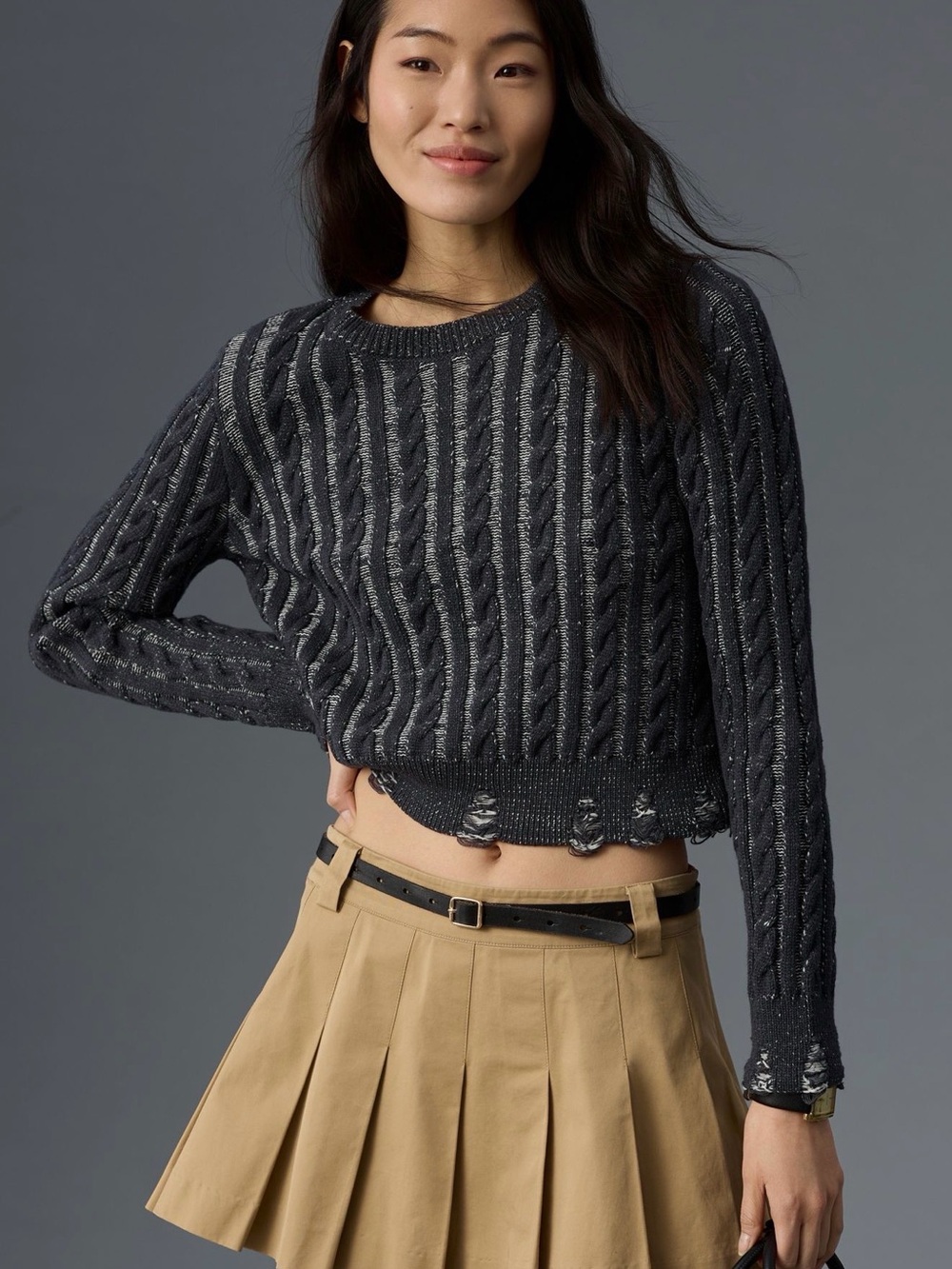 Anthropologie Pilcro Charcoal Distressed Cable-Knit Crop Pullover Sweater Small
